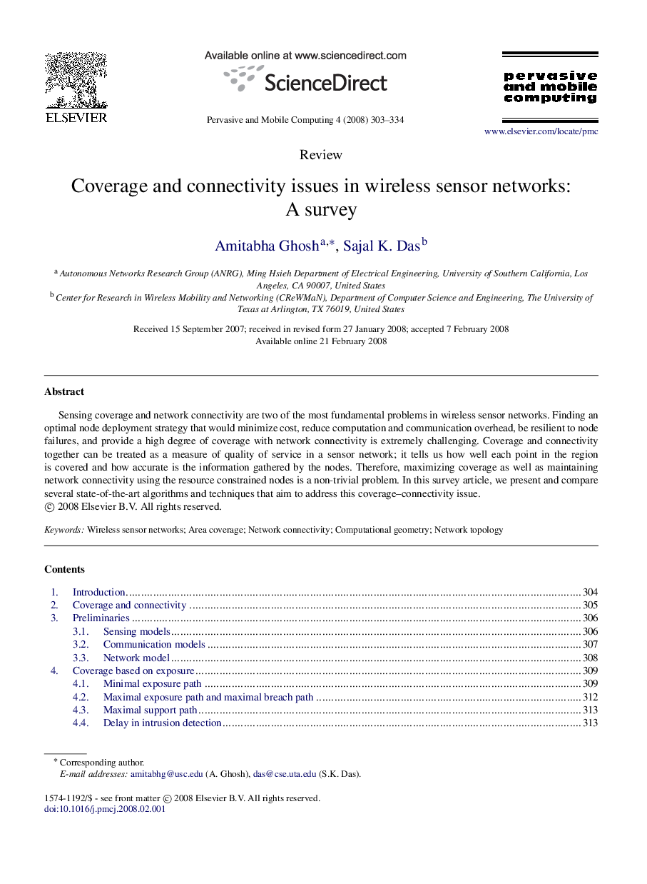 عکس صفحه اول مقاله: Coverage and connectivity issues in wireless sensor networks: A survey Coverage and connectivity issues in wireless sensor networks: A survey