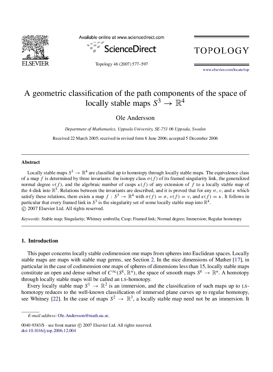 A geometric classification of the path components of the space of locally stable maps S3→R4S3→R4