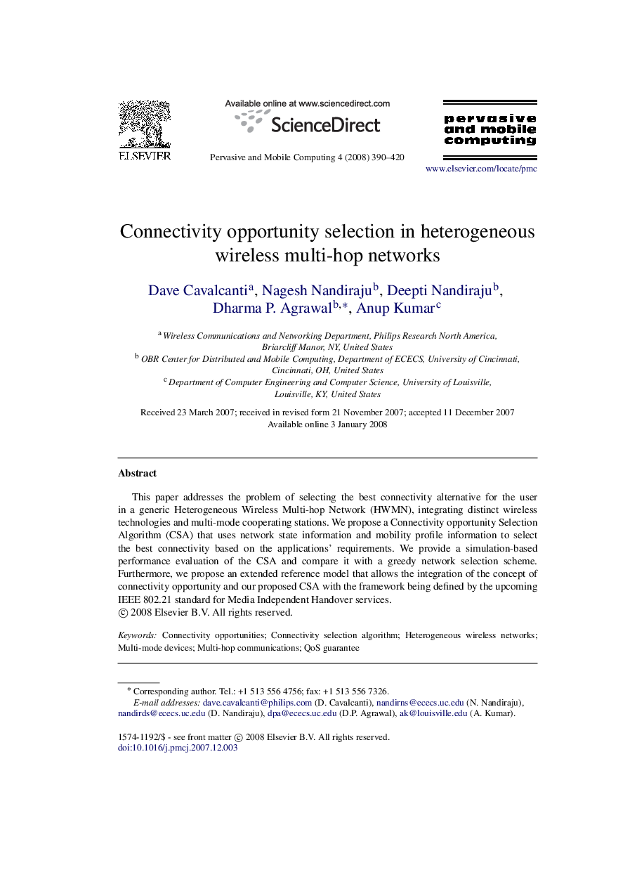 Connectivity opportunity selection in heterogeneous wireless multi-hop networks