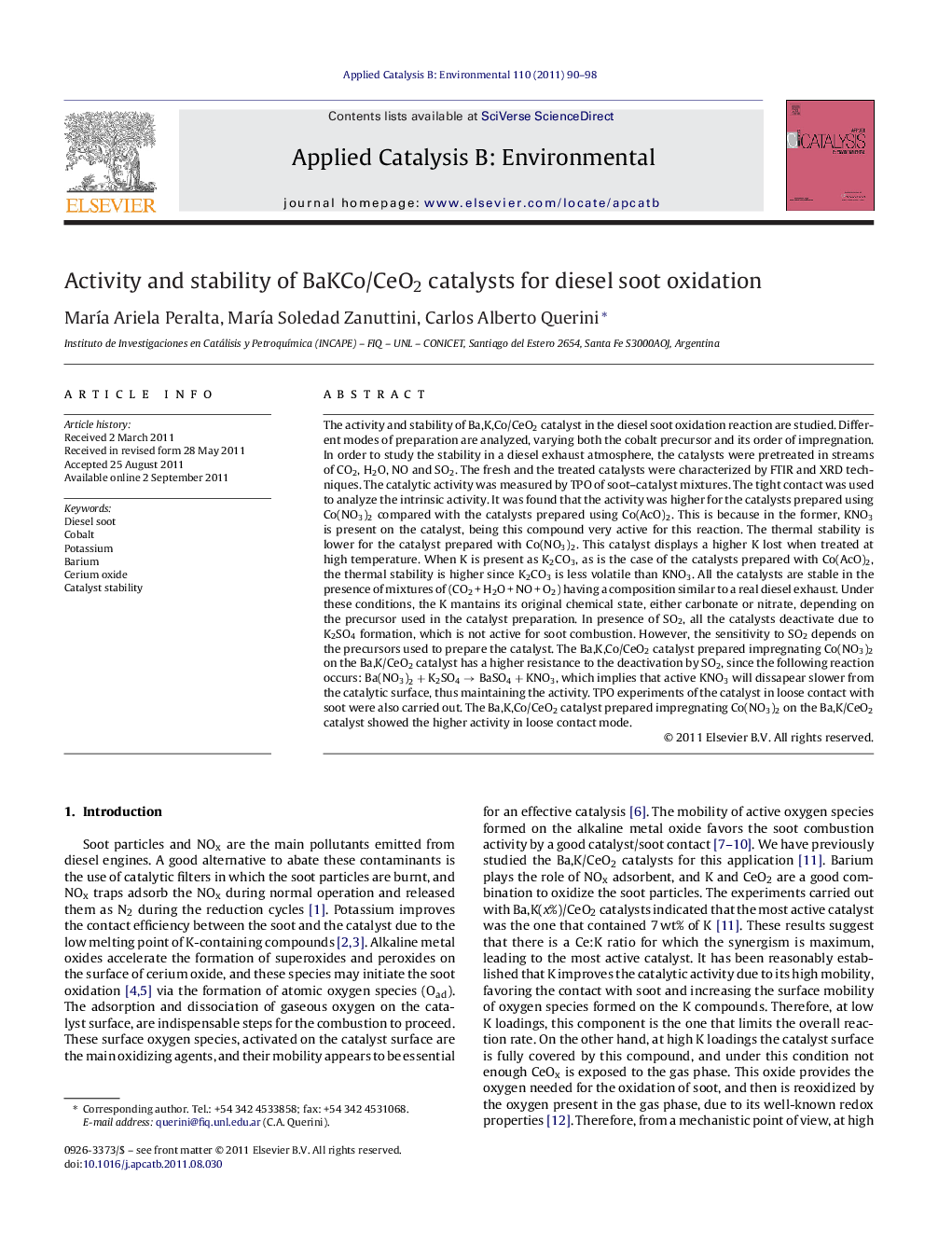 Activity and stability of BaKCo/CeO2 catalysts for diesel soot oxidation