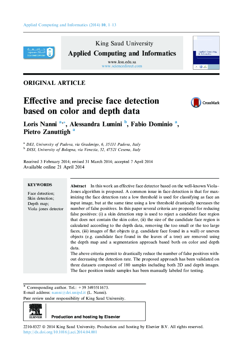 Effective and precise face detection based on color and depth data 