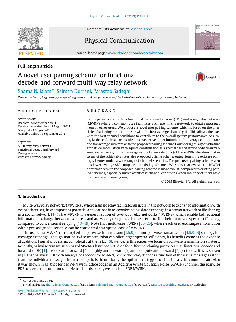 A novel user pairing scheme for functional decode-and-forward multi-way relay network