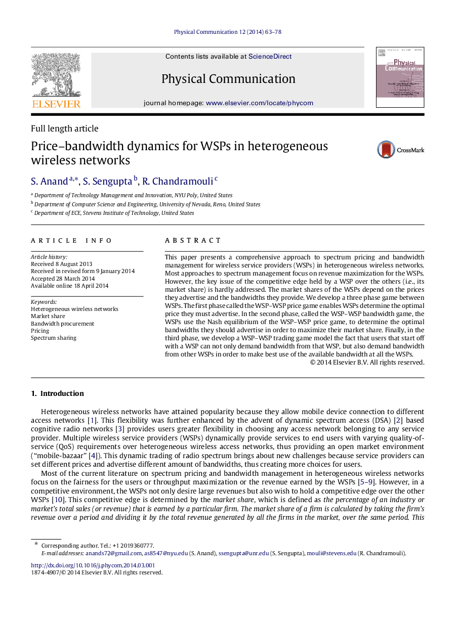 Price–bandwidth dynamics for WSPs in heterogeneous wireless networks