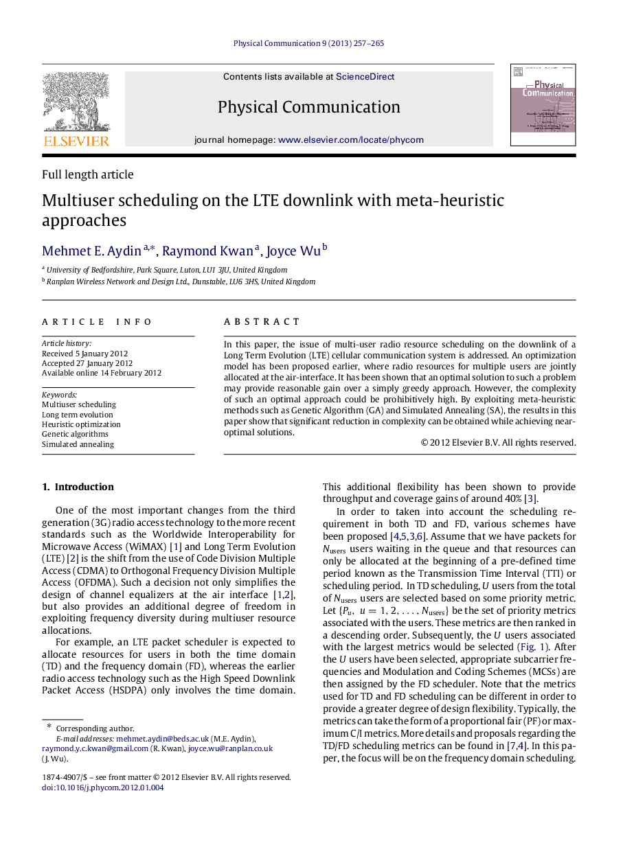 Multiuser scheduling on the LTE downlink with meta-heuristic approaches