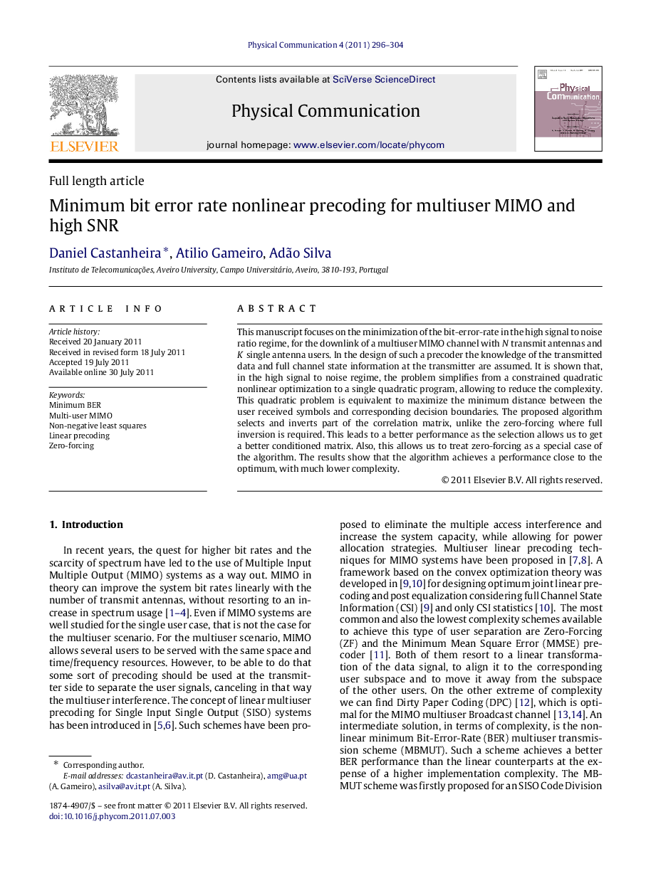 Minimum bit error rate nonlinear precoding for multiuser MIMO and high SNR