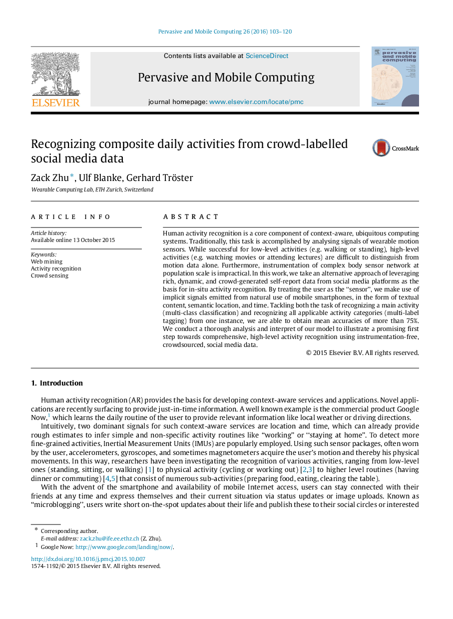 Recognizing composite daily activities from crowd-labelled social media data