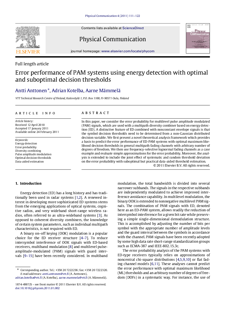 Error performance of PAM systems using energy detection with optimal and suboptimal decision thresholds