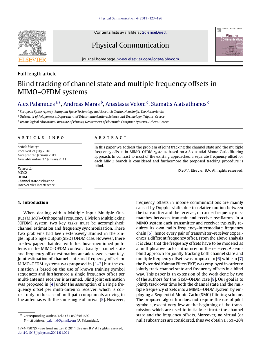 Blind tracking of channel state and multiple frequency offsets in MIMO–OFDM systems