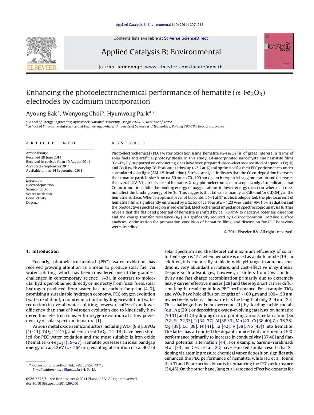 Enhancing the photoelectrochemical performance of hematite (α-Fe2O3) electrodes by cadmium incorporation