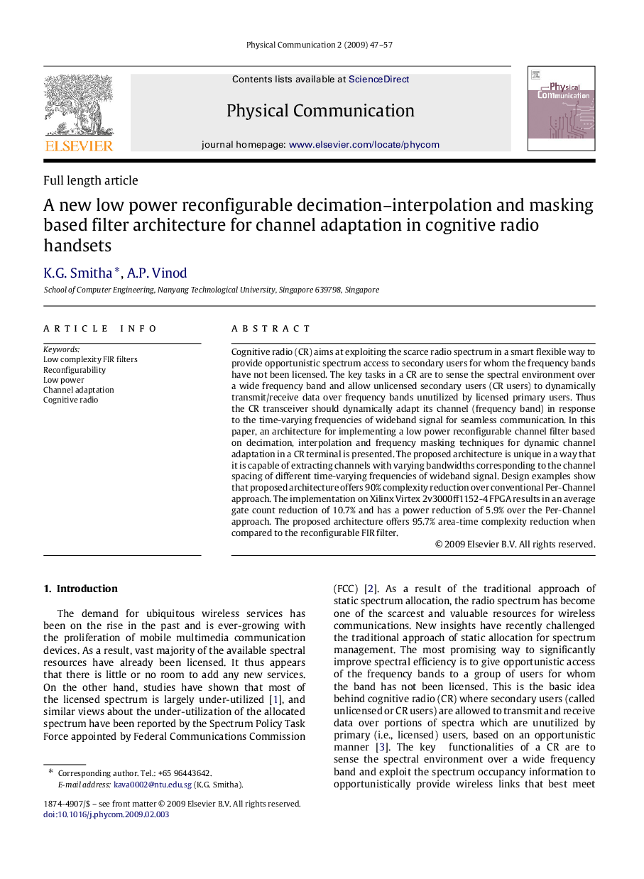 A new low power reconfigurable decimation–interpolation and masking based filter architecture for channel adaptation in cognitive radio handsets