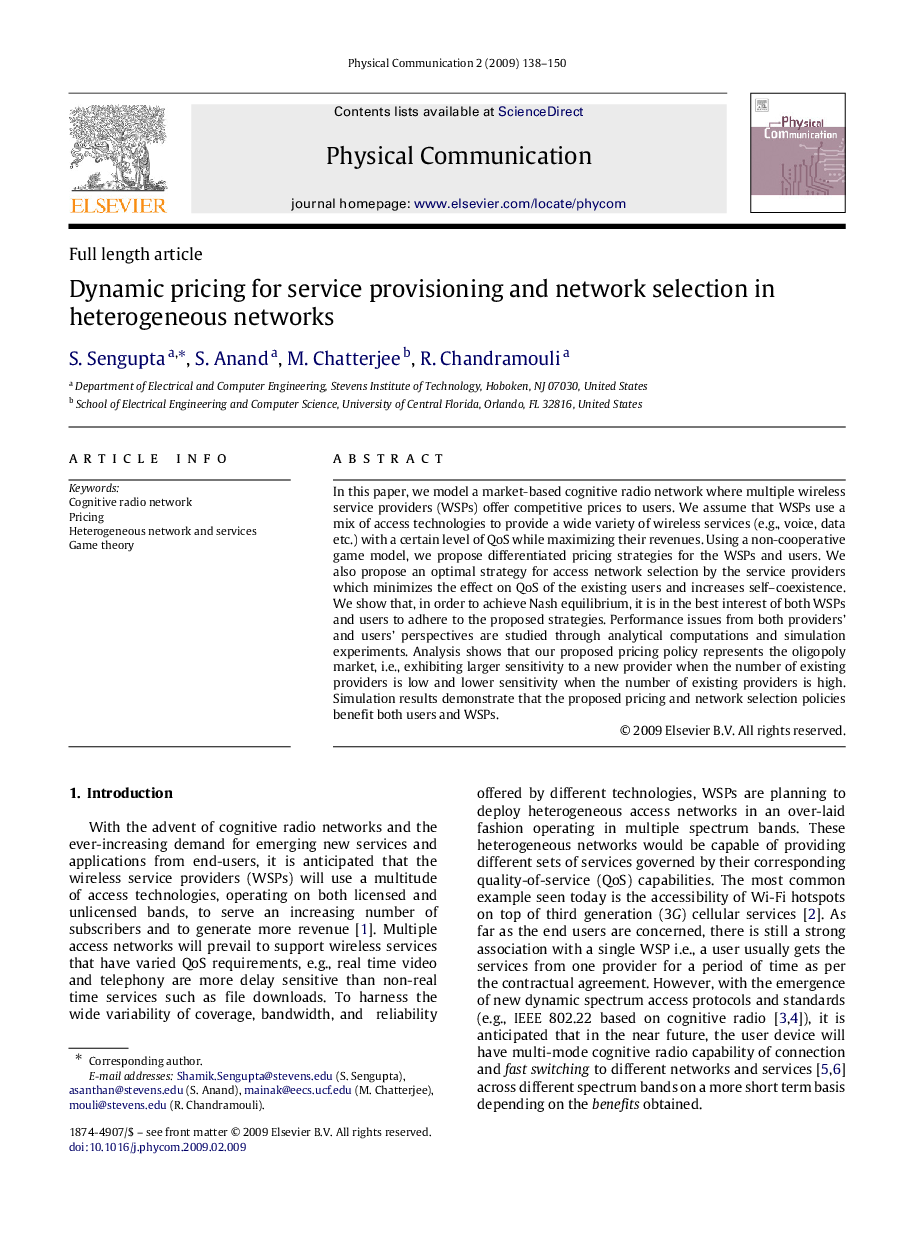 Dynamic pricing for service provisioning and network selection in heterogeneous networks