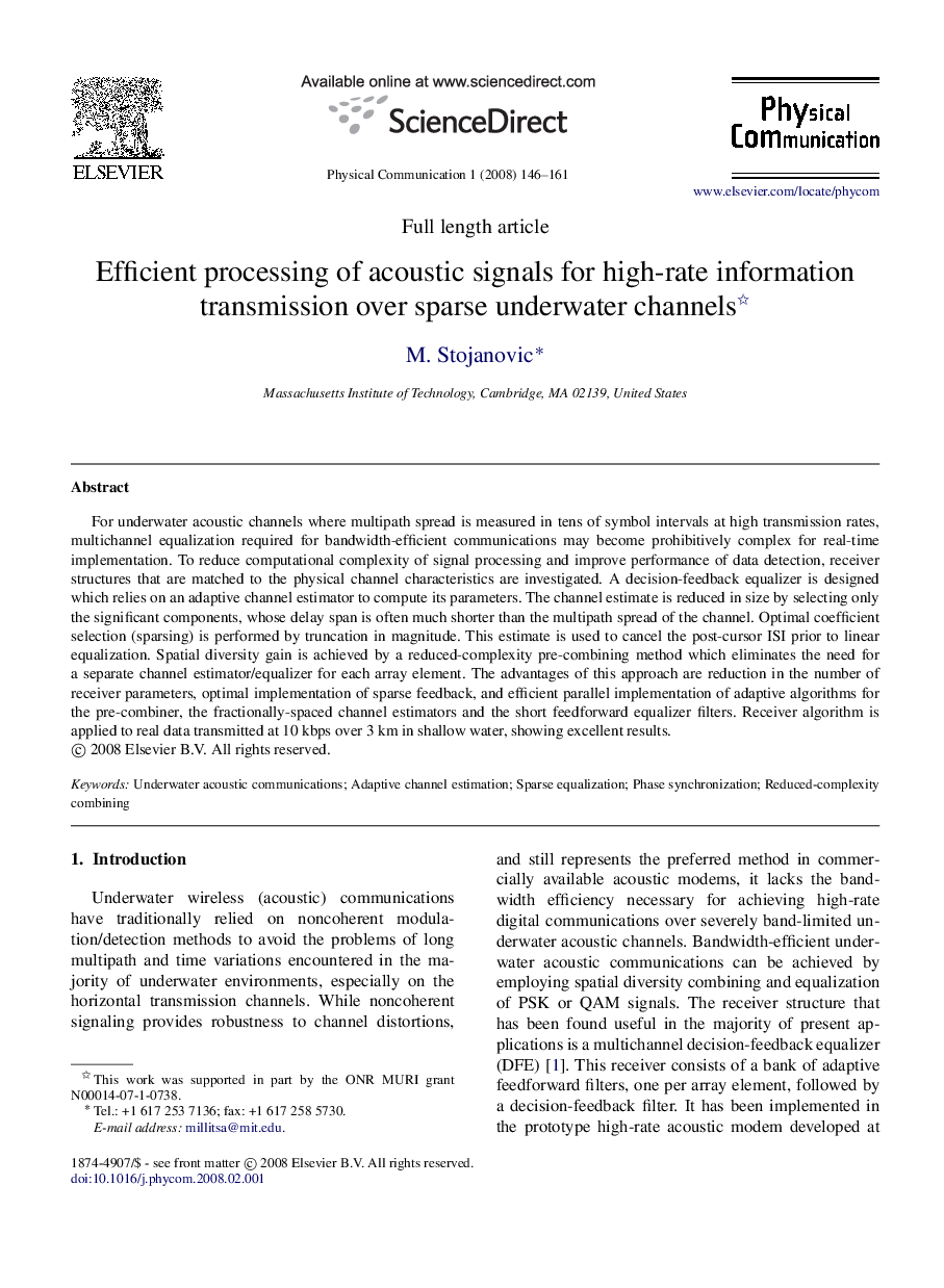 Efficient processing of acoustic signals for high-rate information transmission over sparse underwater channels 