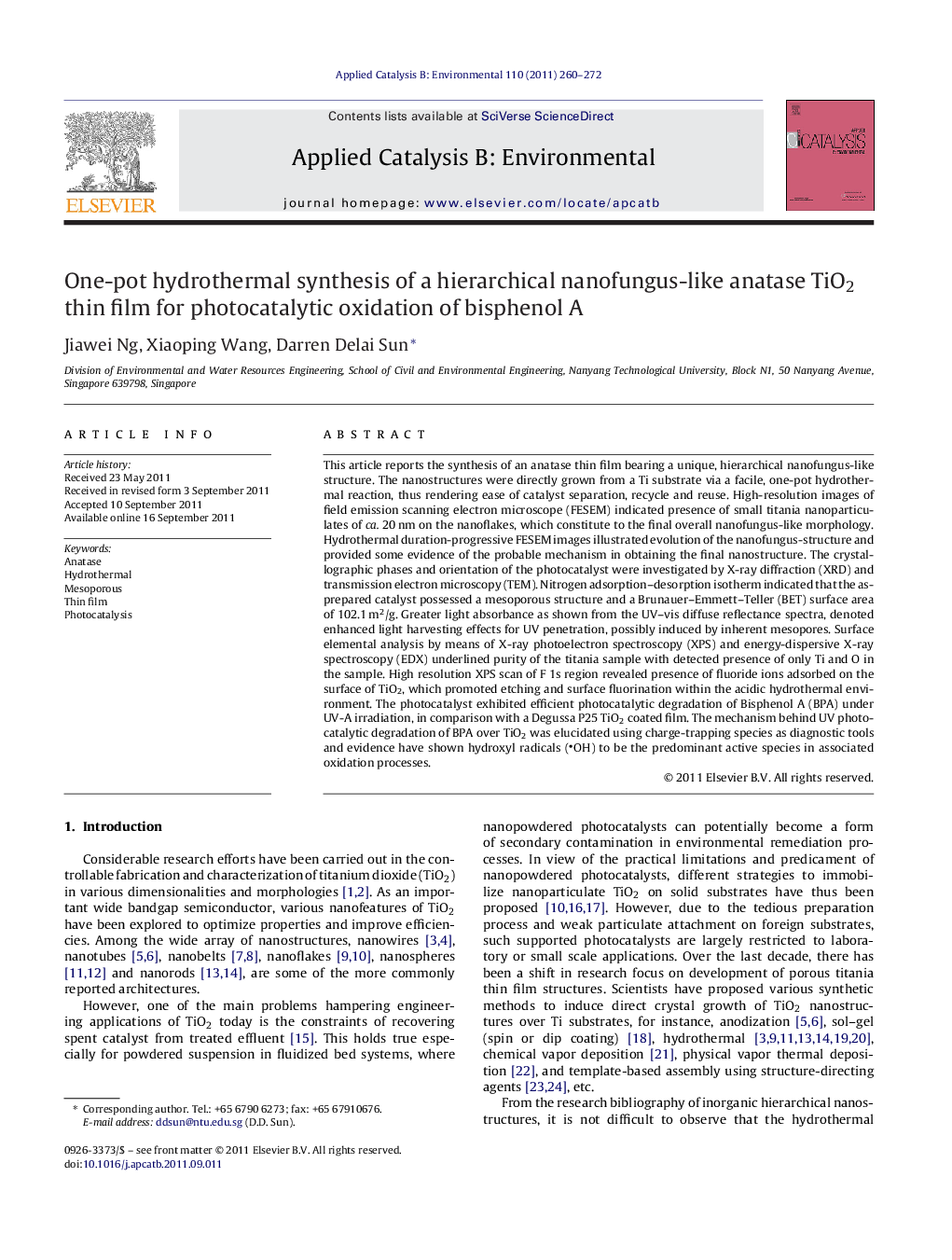 One-pot hydrothermal synthesis of a hierarchical nanofungus-like anatase TiO2 thin film for photocatalytic oxidation of bisphenol A