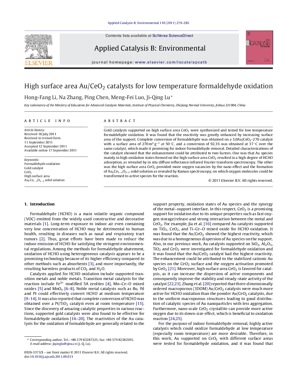 High surface area Au/CeO2 catalysts for low temperature formaldehyde oxidation