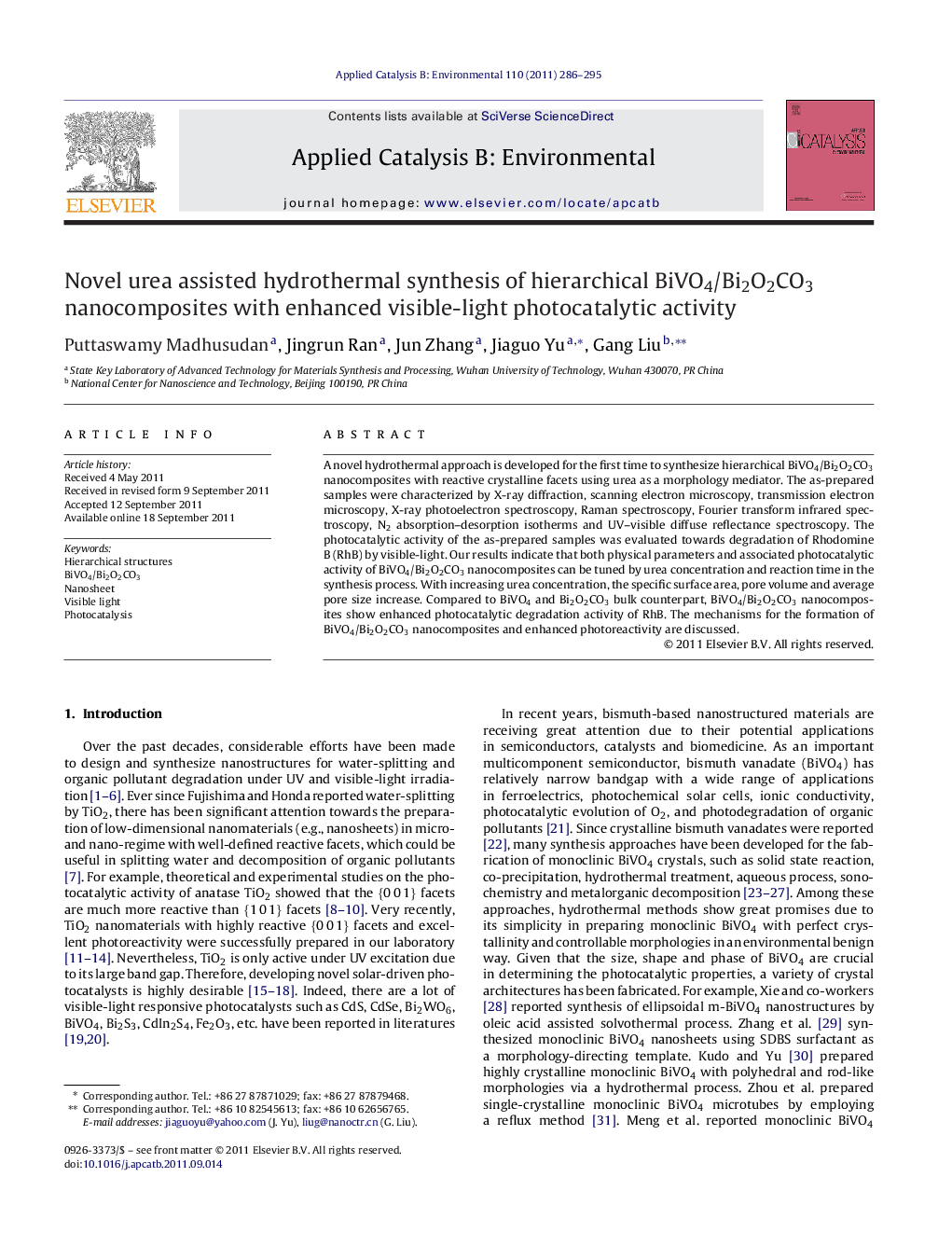 Novel urea assisted hydrothermal synthesis of hierarchical BiVO4/Bi2O2CO3 nanocomposites with enhanced visible-light photocatalytic activity