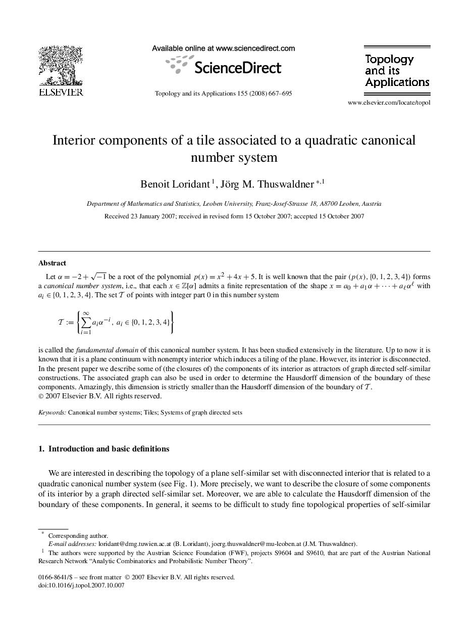 Interior components of a tile associated to a quadratic canonical number system