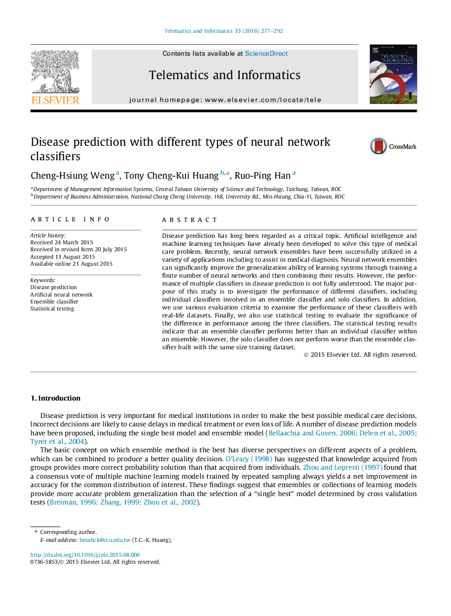 Disease prediction with different types of neural network classifiers