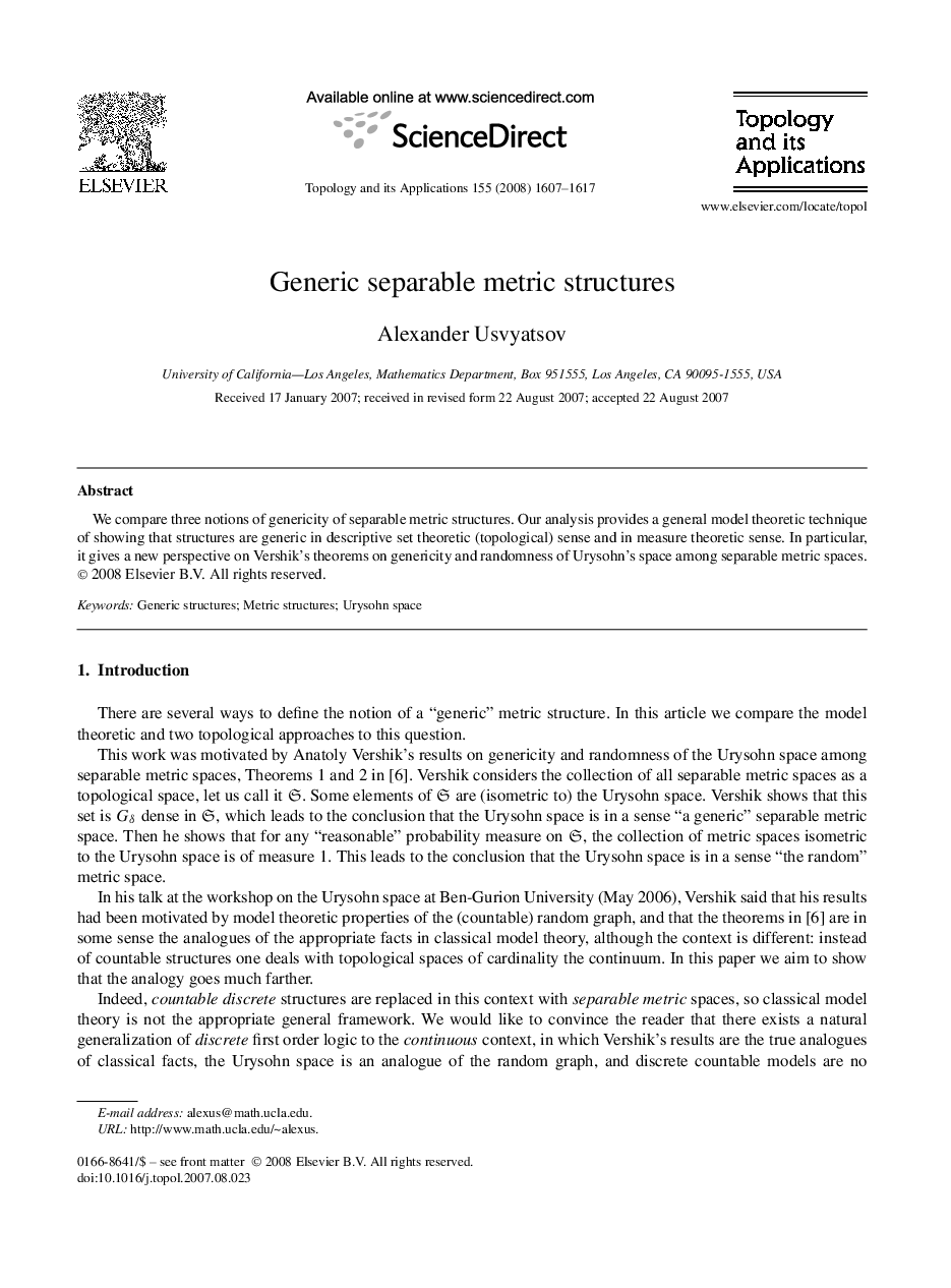 Generic separable metric structures