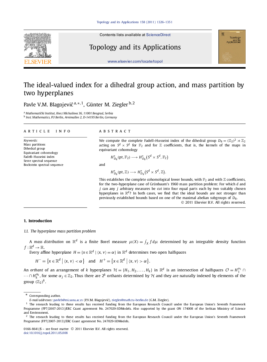 The ideal-valued index for a dihedral group action, and mass partition by two hyperplanes