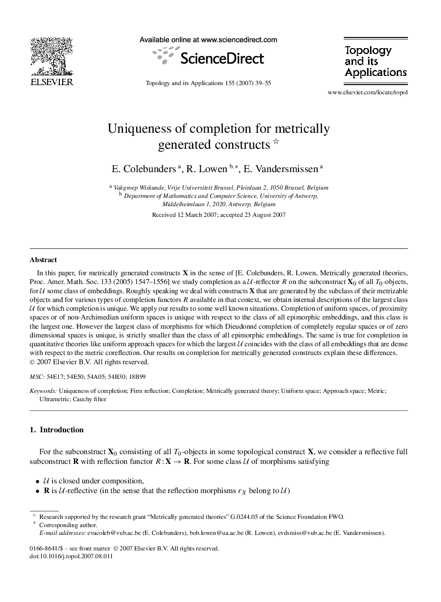 Uniqueness of completion for metrically generated constructs 