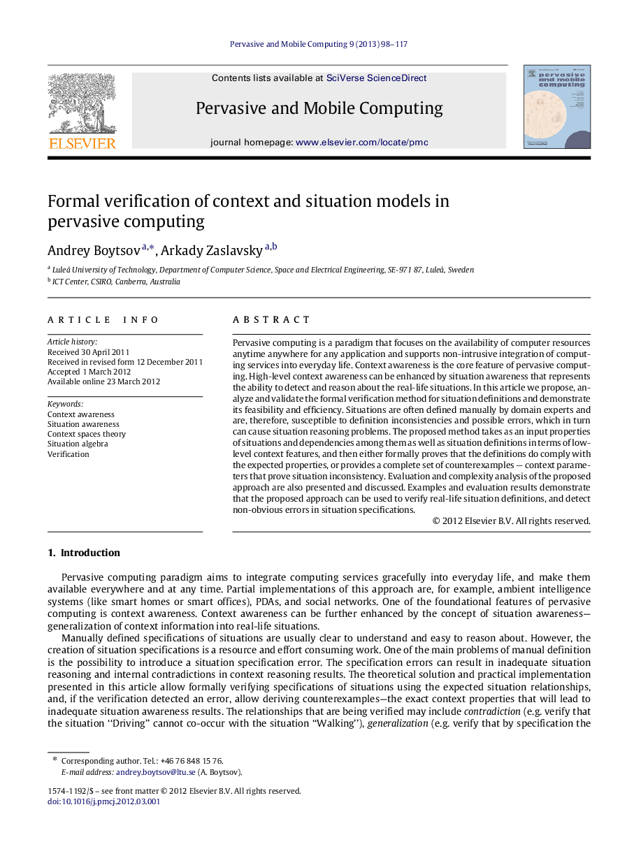 Formal verification of context and situation models in pervasive computing