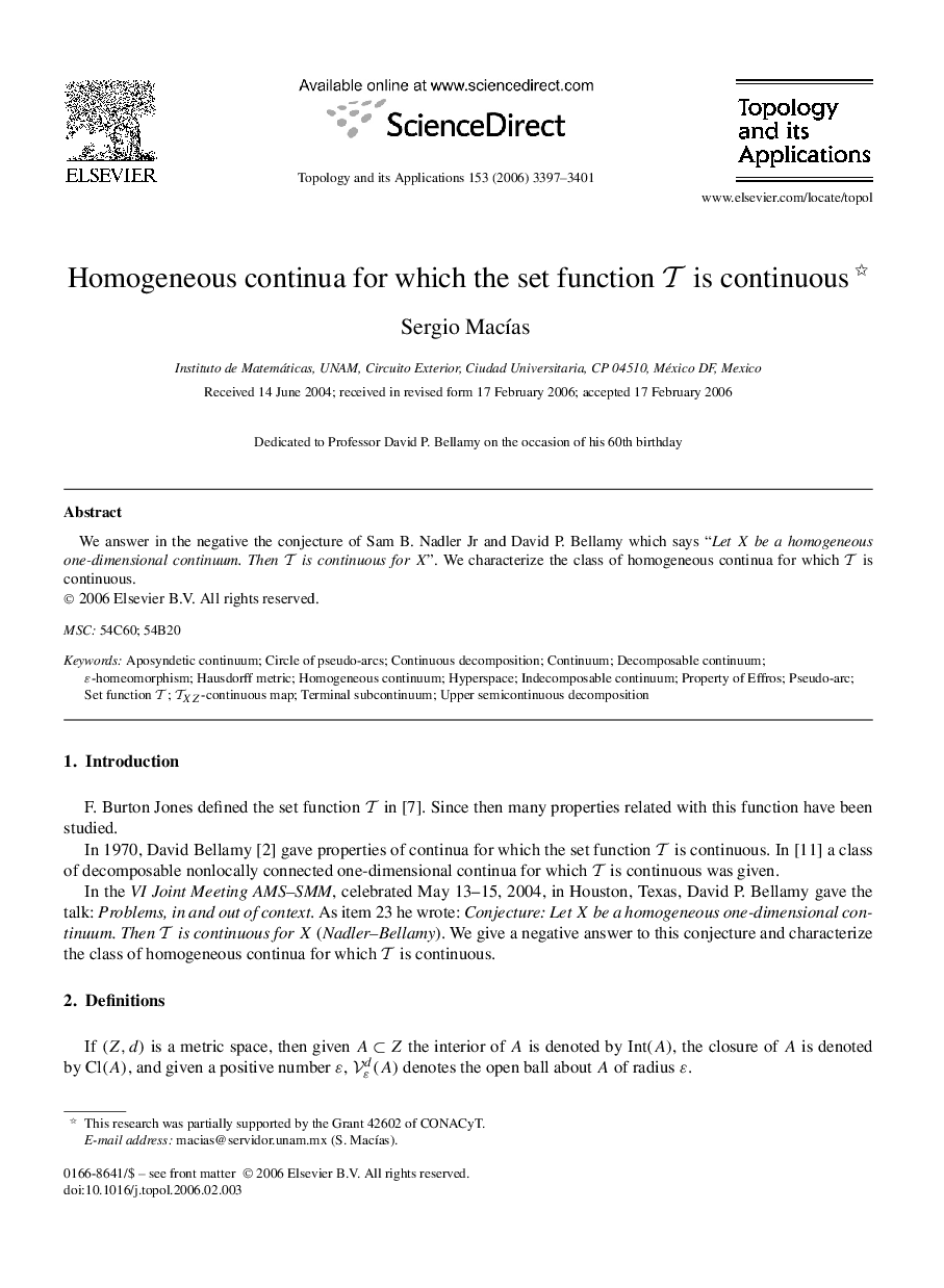 Homogeneous continua for which the set function T is continuous 