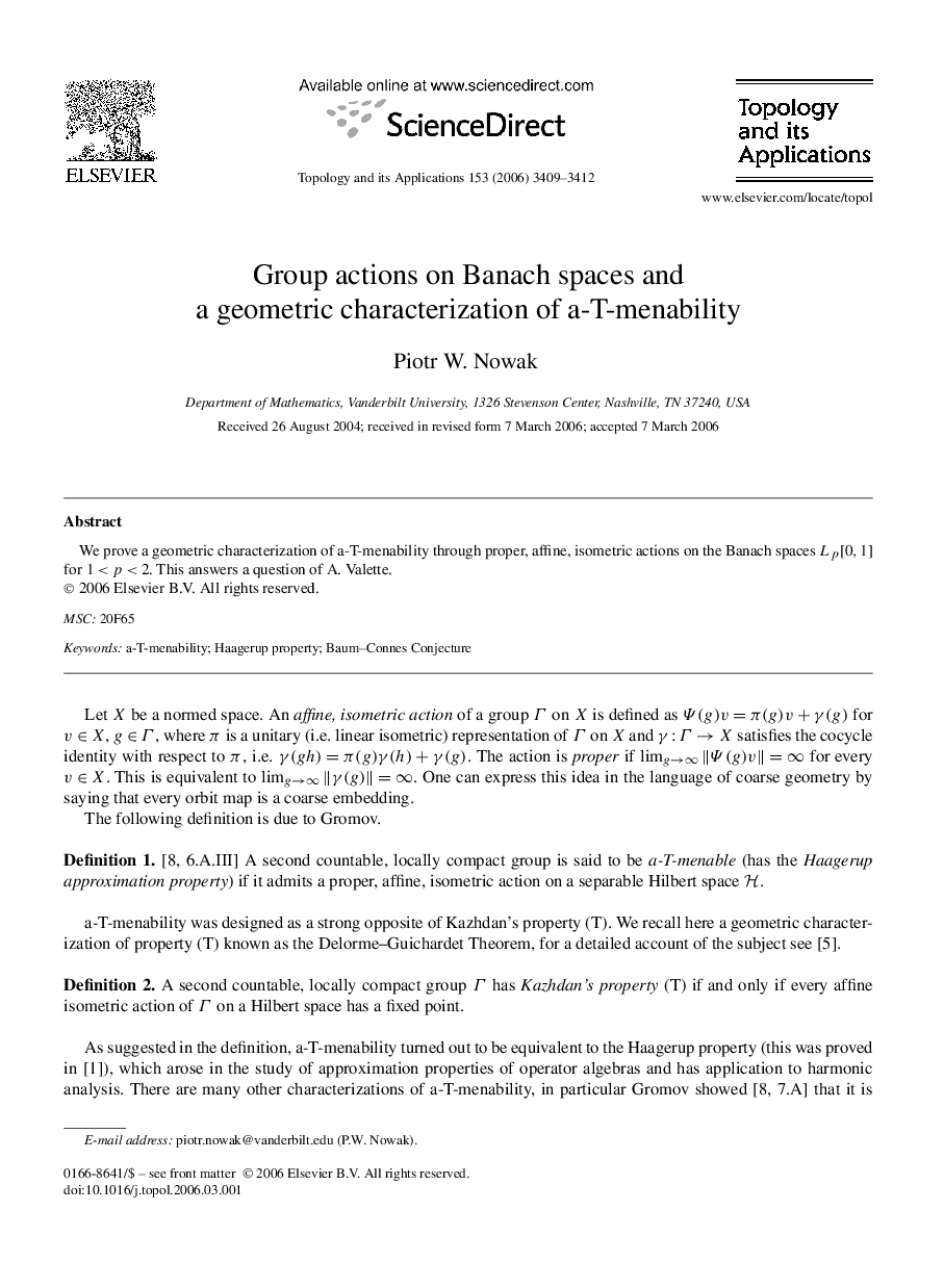 Group actions on Banach spaces and a geometric characterization of a-T-menability