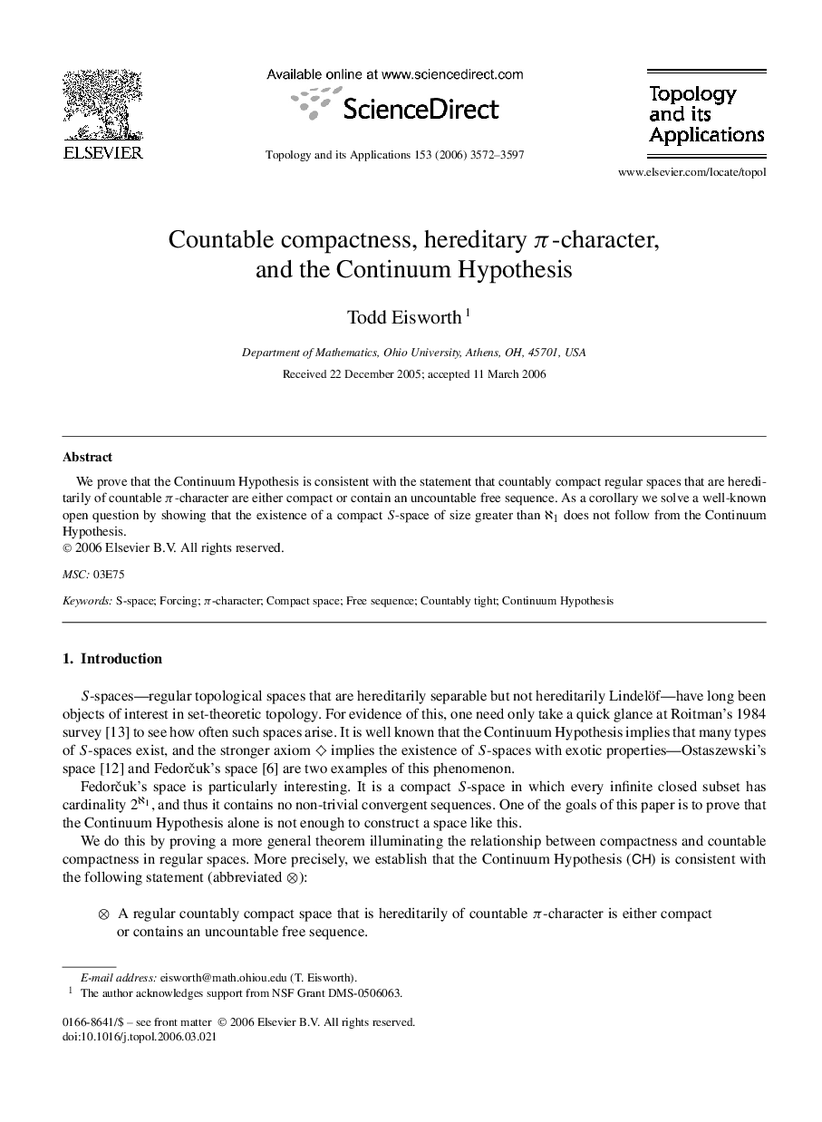 Countable compactness, hereditary π-character, and the Continuum Hypothesis