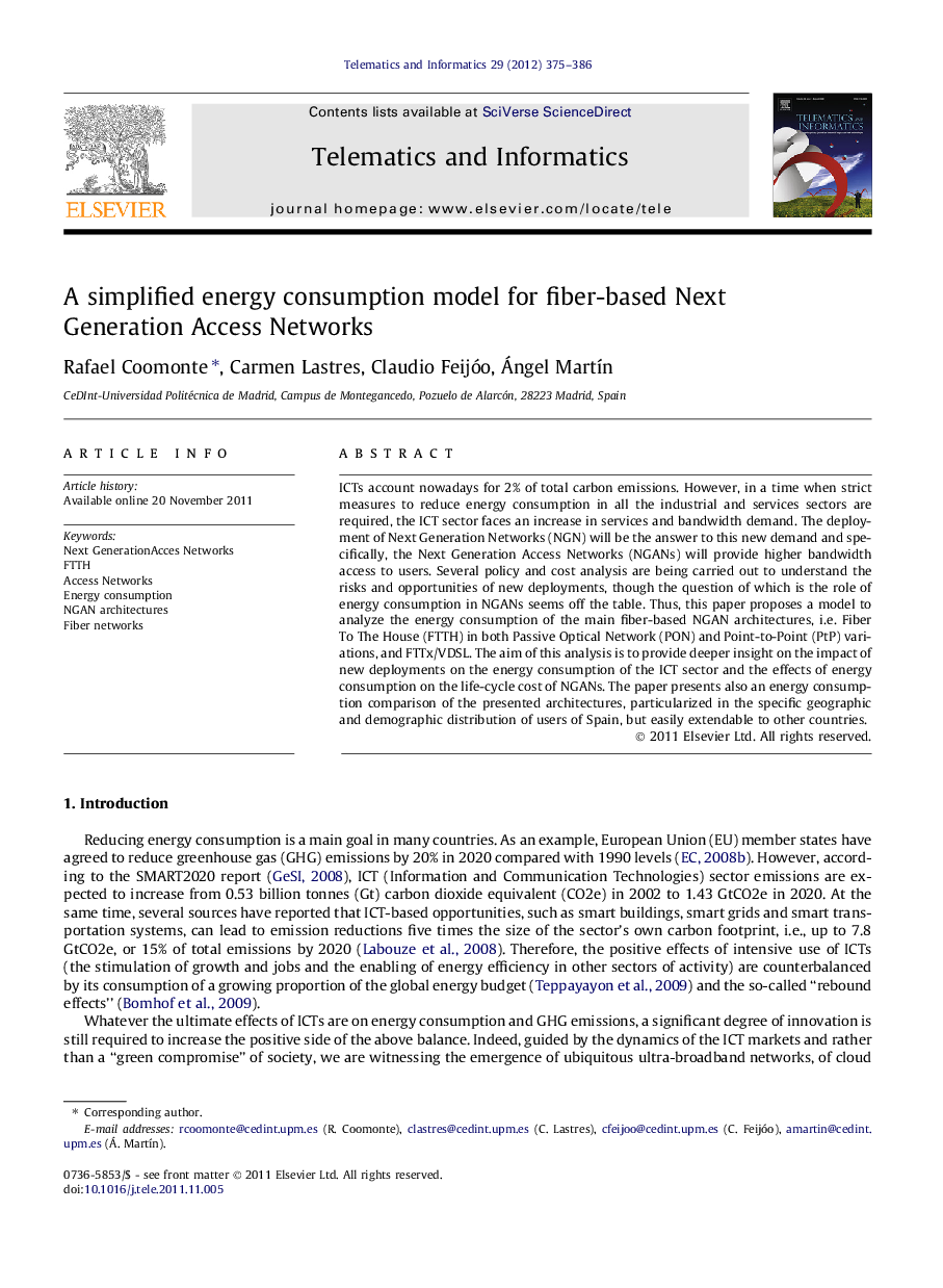 A simplified energy consumption model for fiber-based Next Generation Access Networks