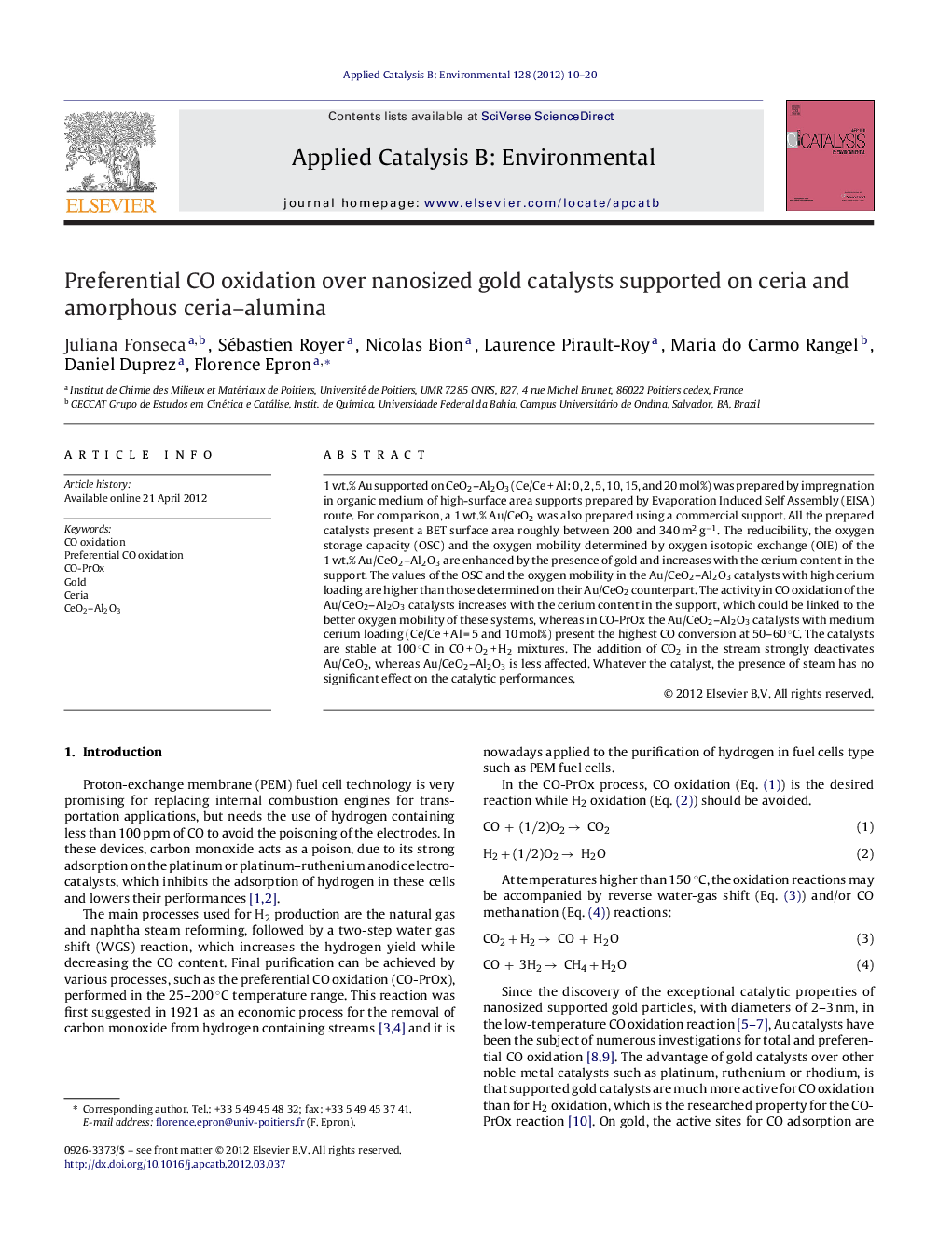 عکس صفحه اول مقاله: Preferential CO oxidation over nanosized gold catalysts supported on ceria and amorphous ceria–alumina Preferential CO oxidation over nanosized gold catalysts supported on ceria and amorphous ceria–alumina