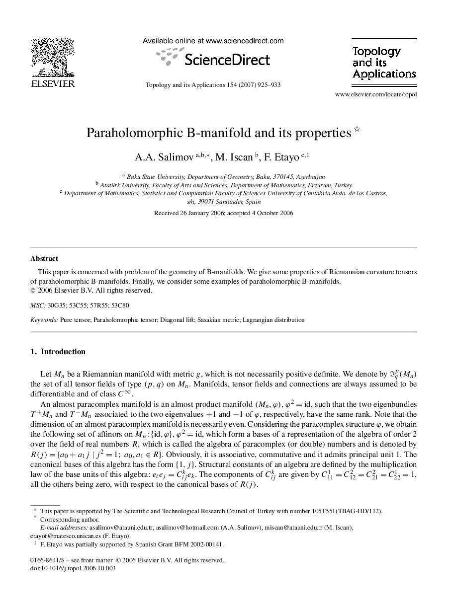 Paraholomorphic B-manifold and its properties 