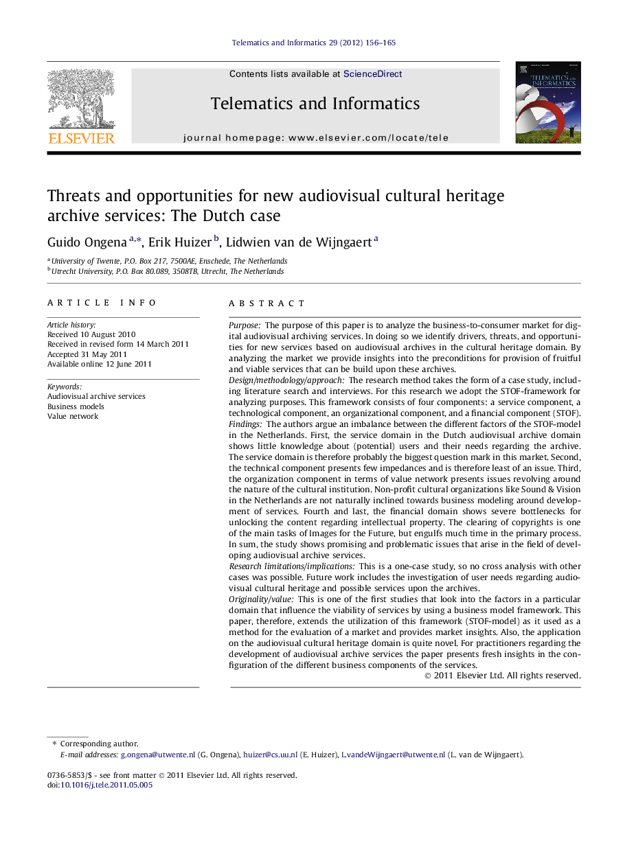 عکس صفحه اول مقاله: Threats and opportunities for new audiovisual cultural heritage archive services: The Dutch case Threats and opportunities for new audiovisual cultural heritage archive services: The Dutch case
