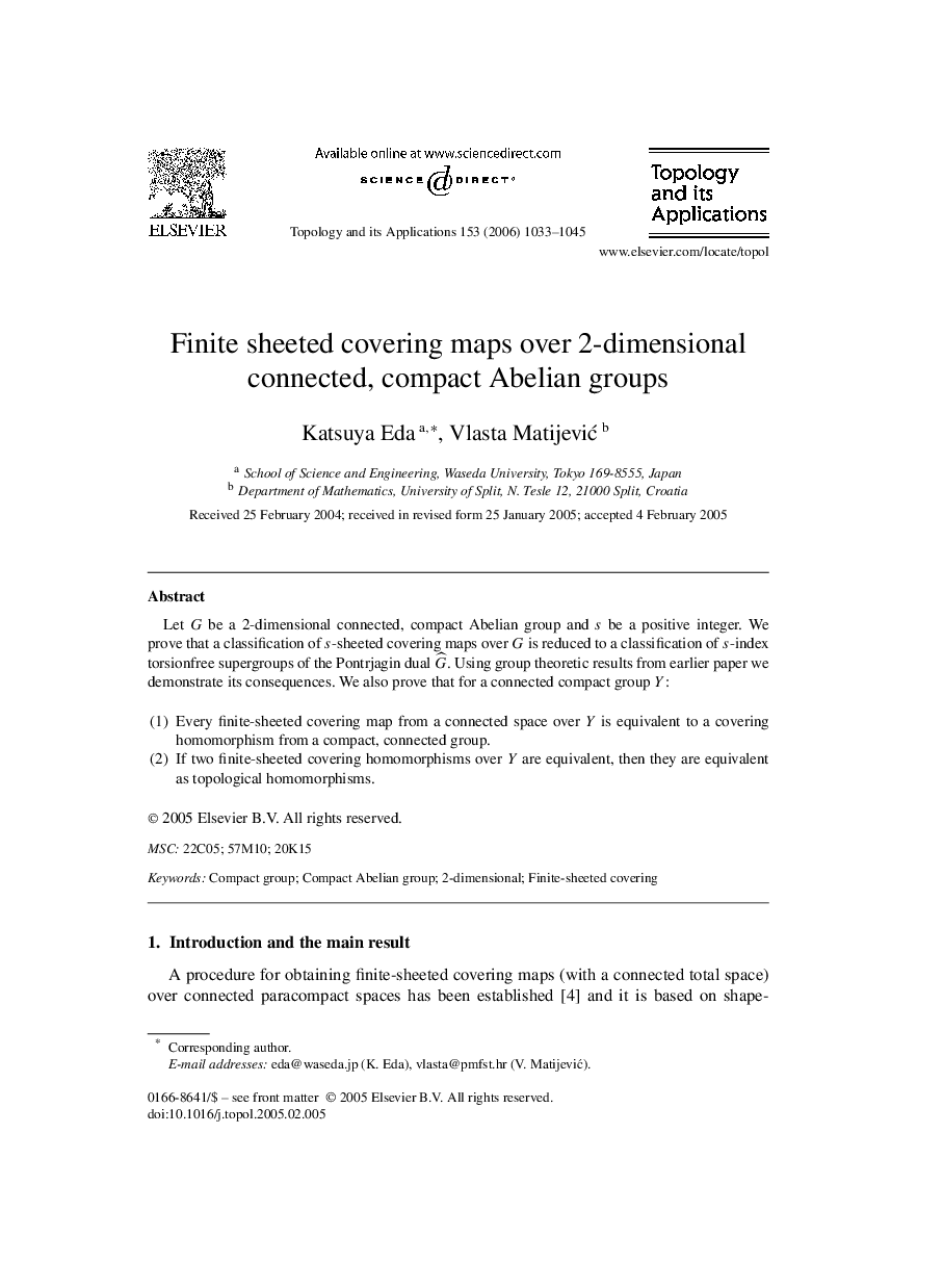 Finite sheeted covering maps over 2-dimensional connected, compact Abelian groups