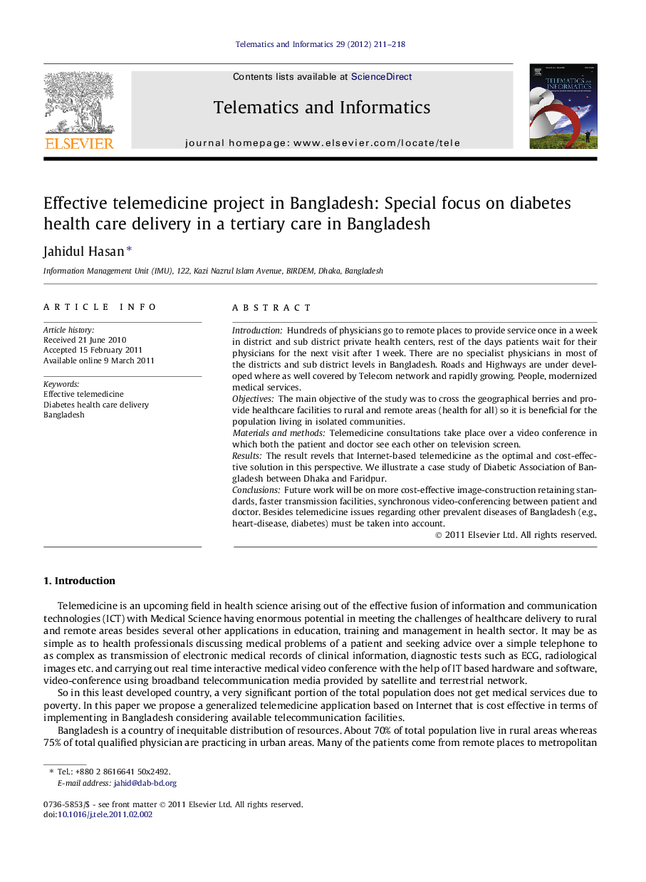 عکس صفحه اول مقاله: Effective telemedicine project in Bangladesh: Special focus on diabetes health care delivery in a tertiary care in Bangladesh Effective telemedicine project in Bangladesh: Special focus on diabetes health care delivery in a tertiary care in Bangladesh
