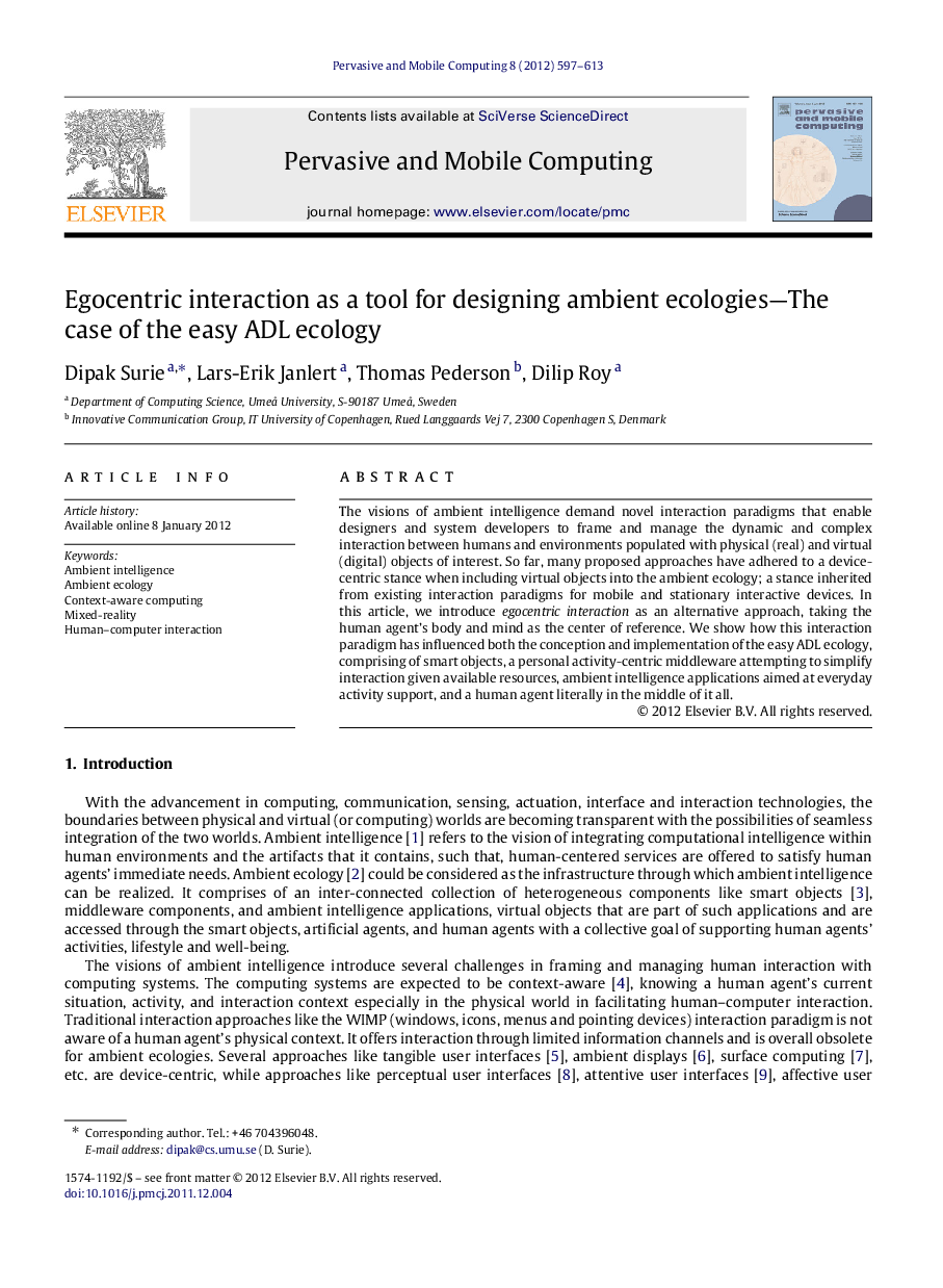 Egocentric interaction as a tool for designing ambient ecologies—The case of the easy ADL ecology