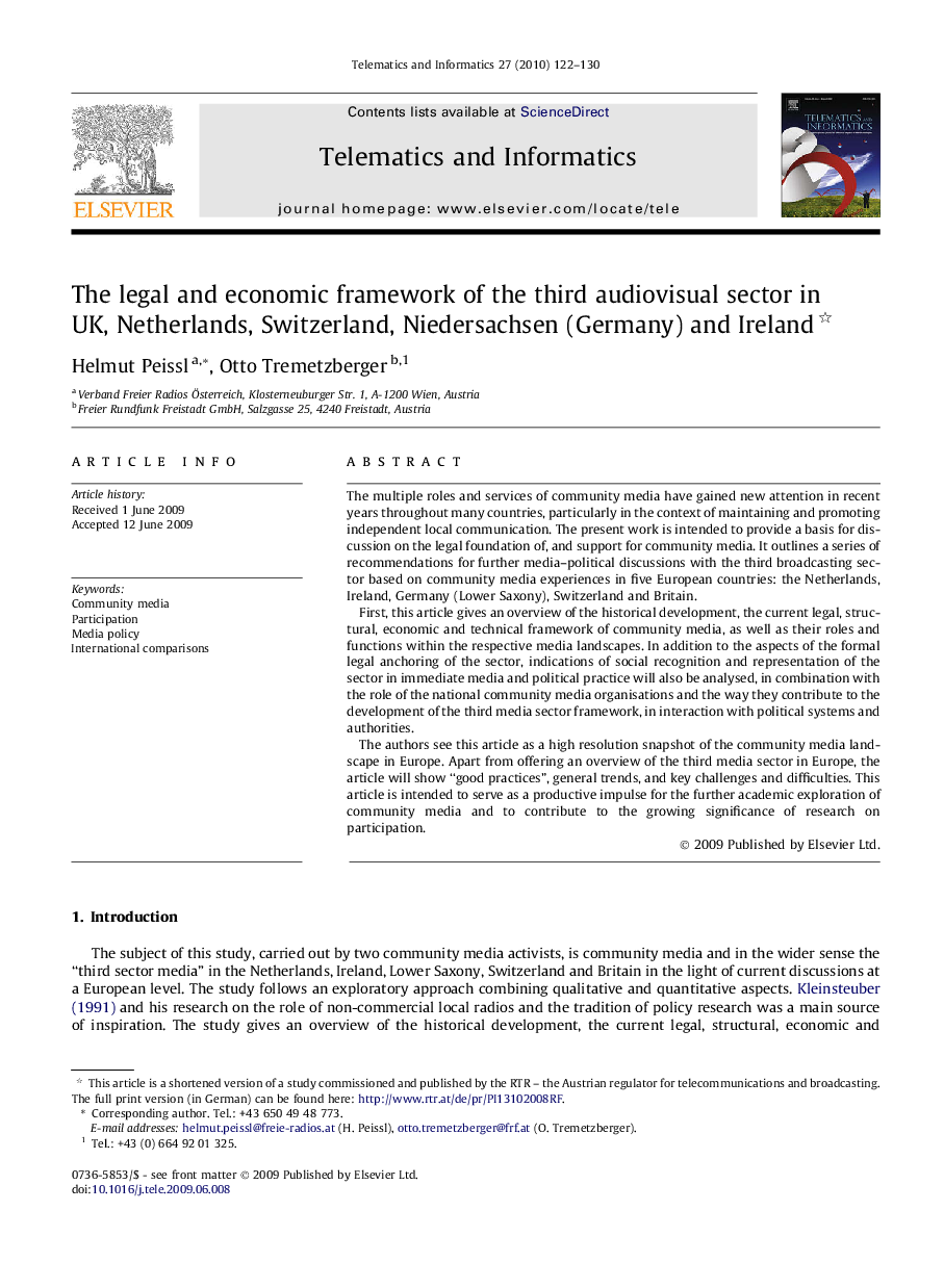 The legal and economic framework of the third audiovisual sector in UK, Netherlands, Switzerland, Niedersachsen (Germany) and Ireland 