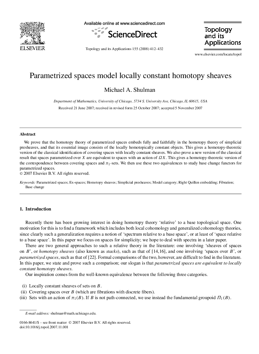 Parametrized spaces model locally constant homotopy sheaves