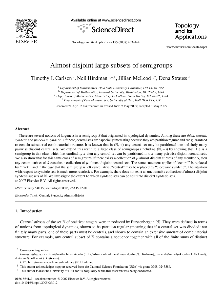 Almost disjoint large subsets of semigroups