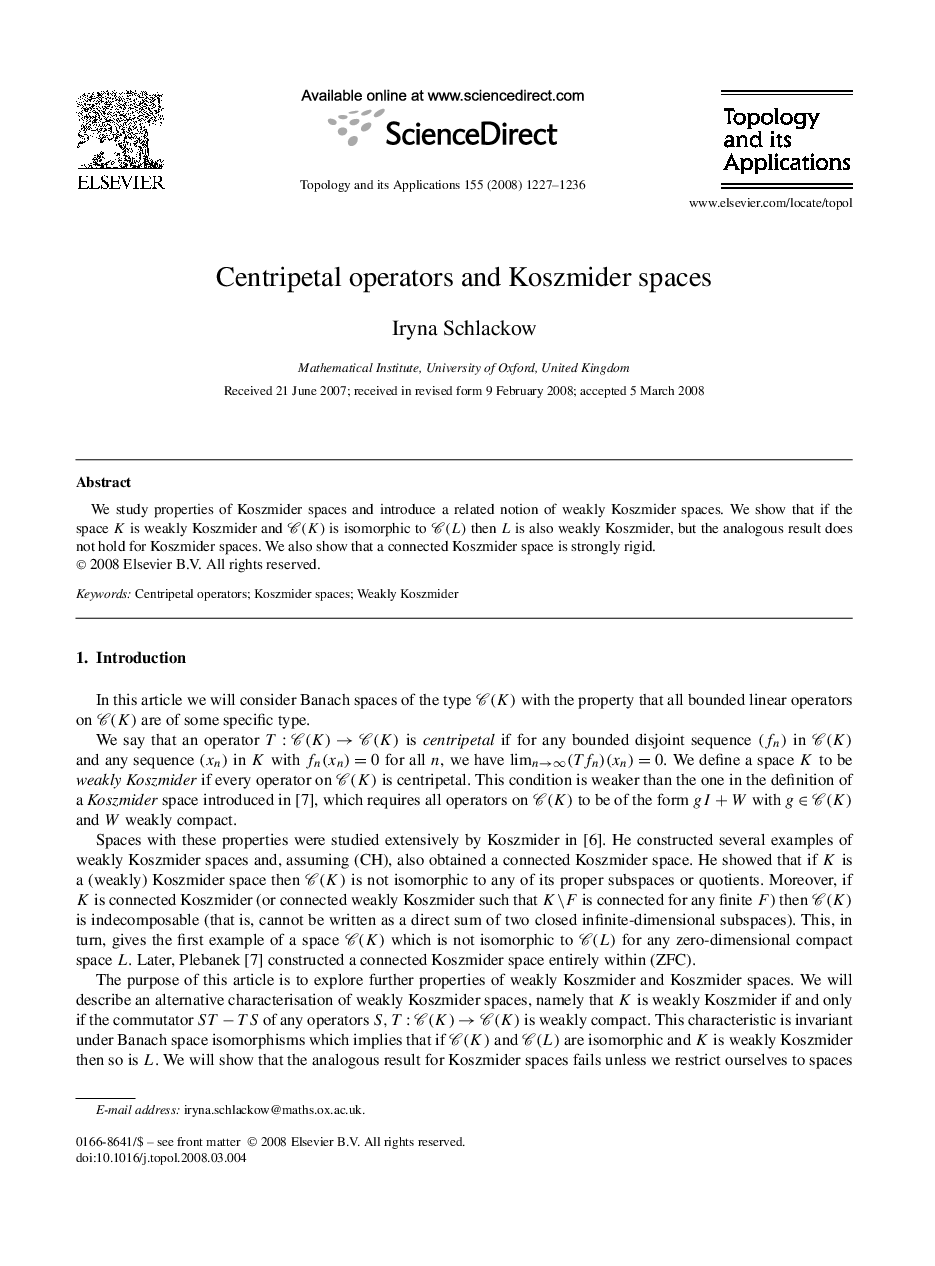 Centripetal operators and Koszmider spaces