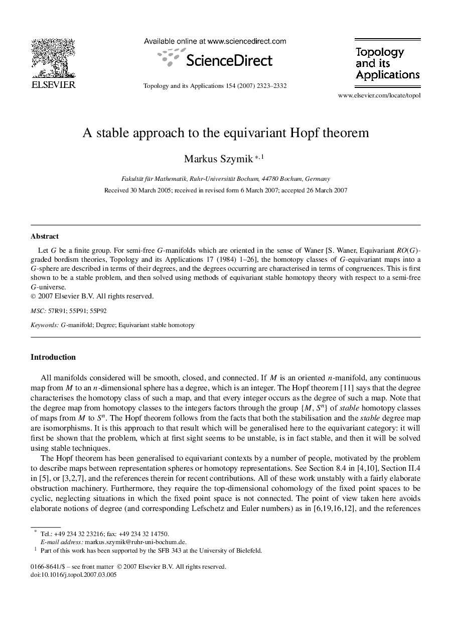 A stable approach to the equivariant Hopf theorem