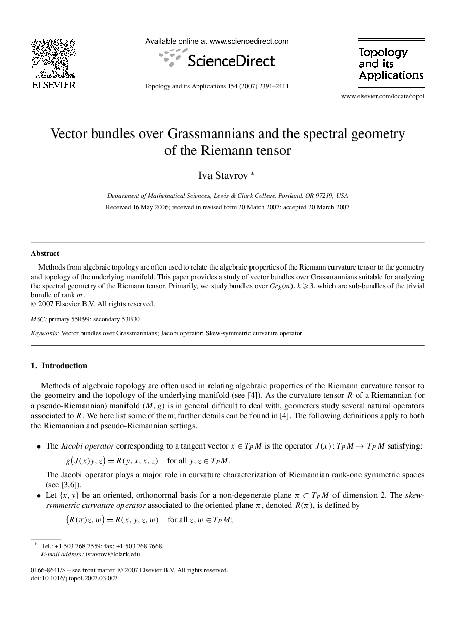 Vector bundles over Grassmannians and the spectral geometry of the Riemann tensor