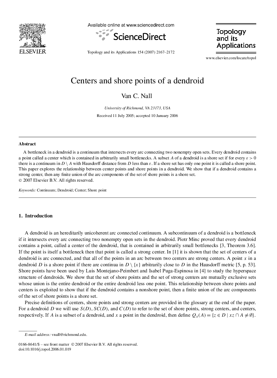 Centers and shore points of a dendroid