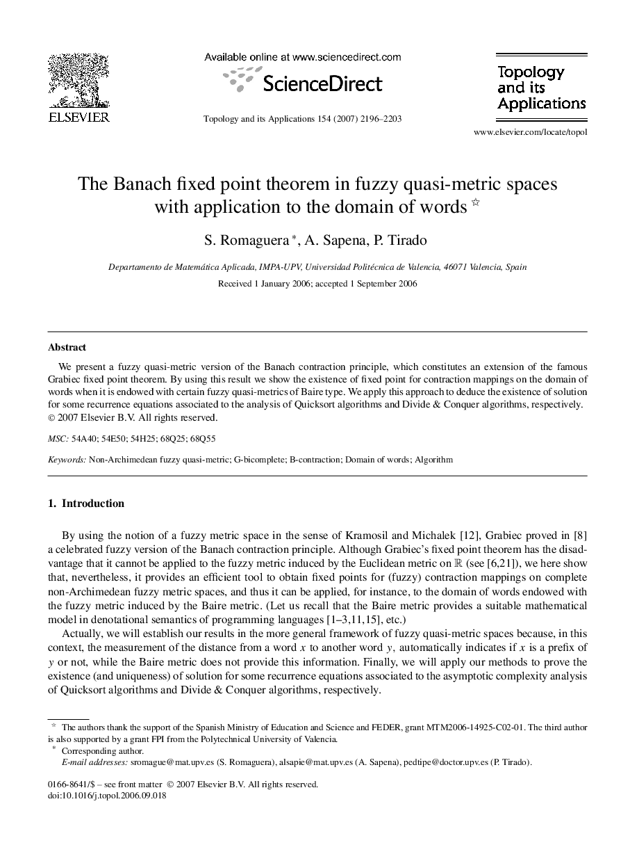 The Banach fixed point theorem in fuzzy quasi-metric spaces with application to the domain of words 