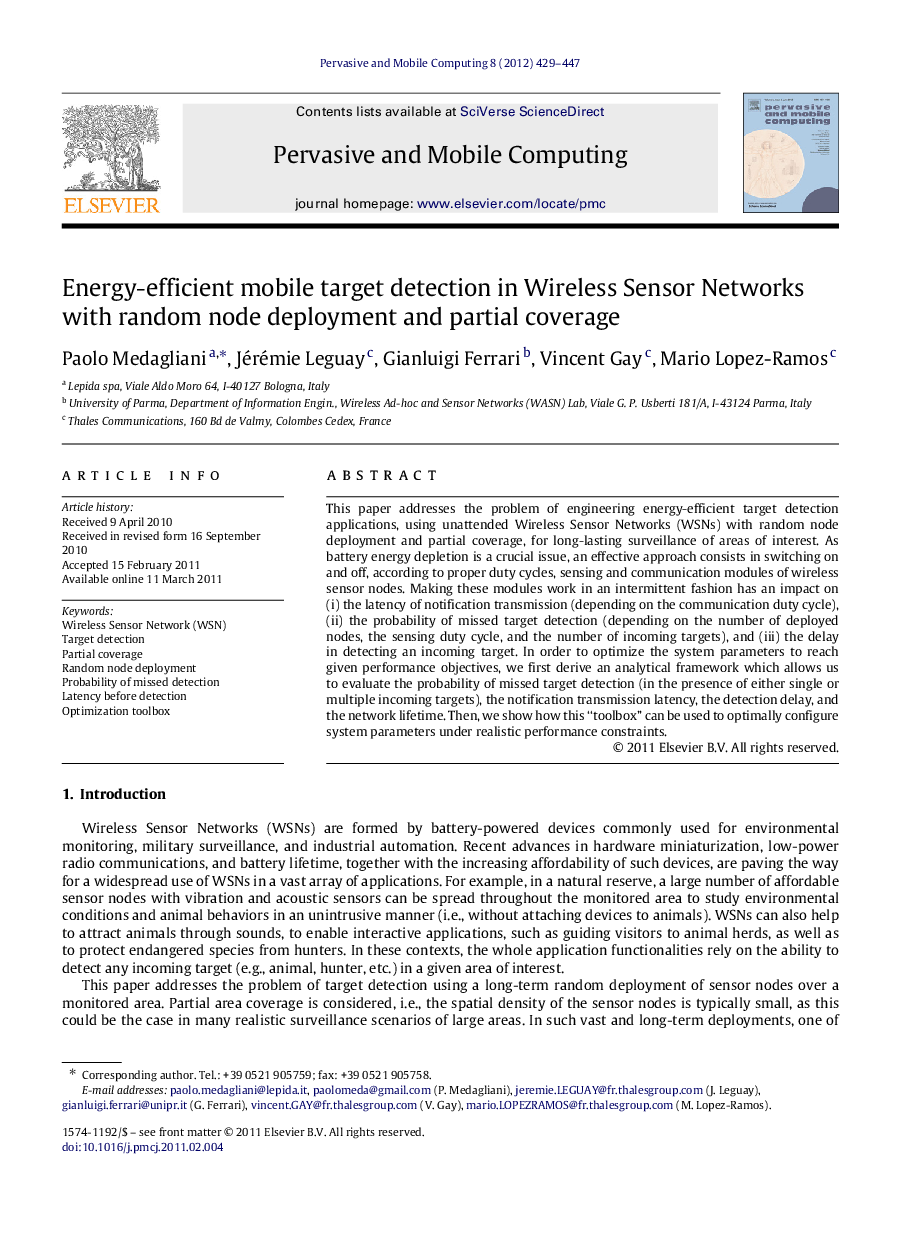 Energy-efficient mobile target detection in Wireless Sensor Networks with random node deployment and partial coverage