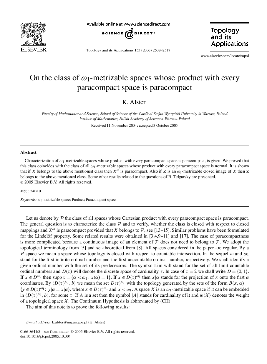 On the class of ω1-metrizable spaces whose product with every paracompact space is paracompact