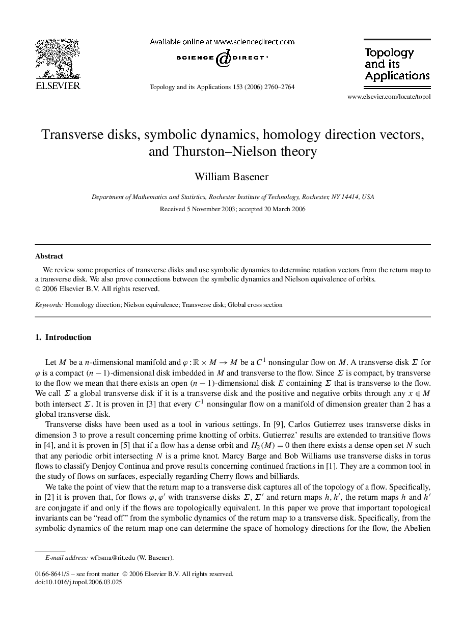 Transverse disks, symbolic dynamics, homology direction vectors, and Thurston–Nielson theory