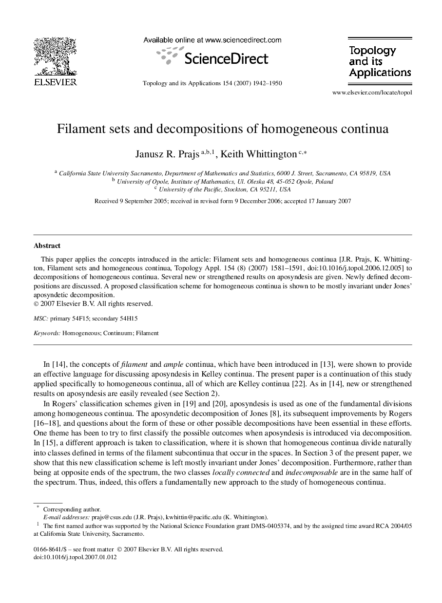 Filament sets and decompositions of homogeneous continua