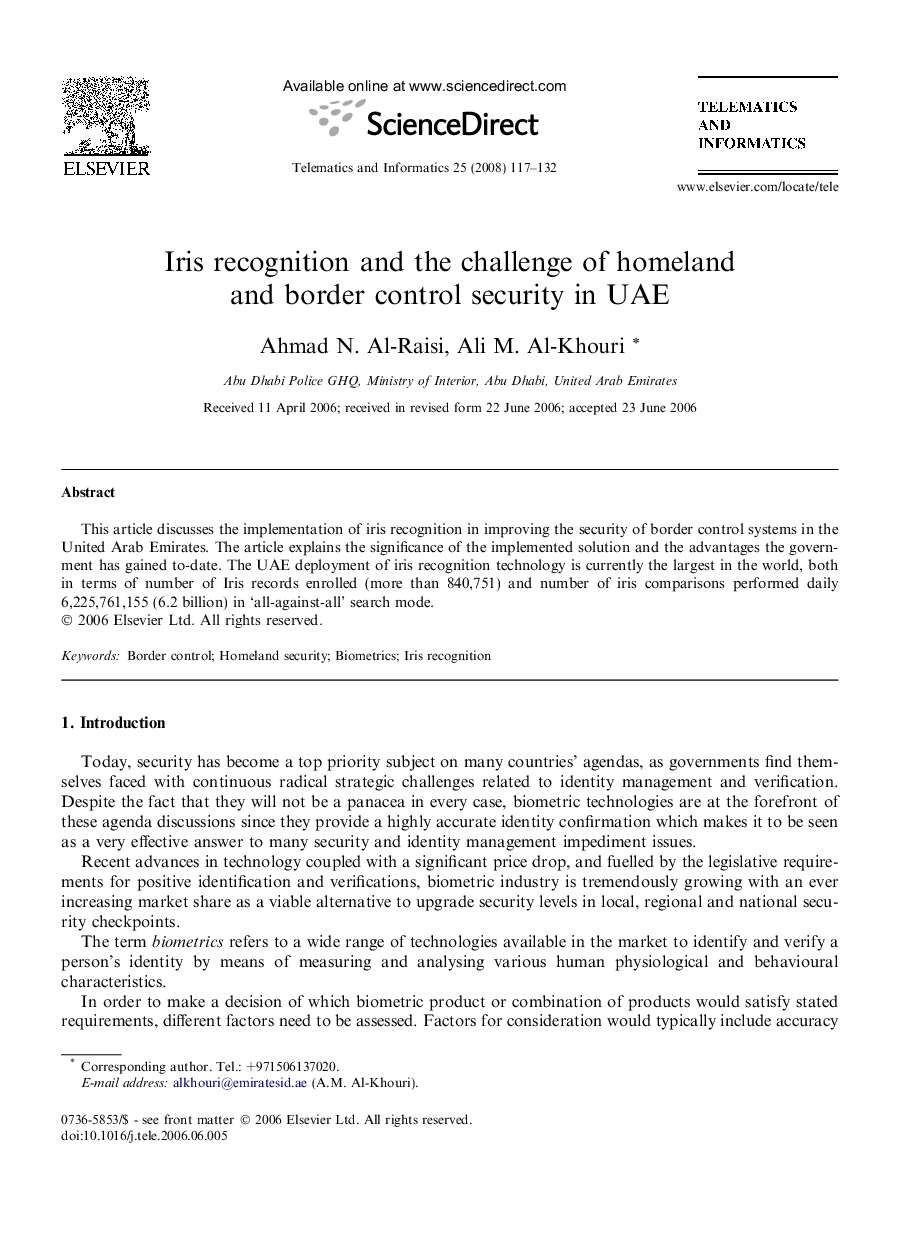 Iris recognition and the challenge of homeland and border control security in UAE