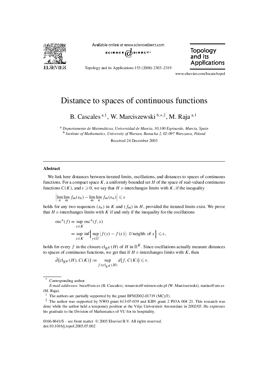 Distance to spaces of continuous functions