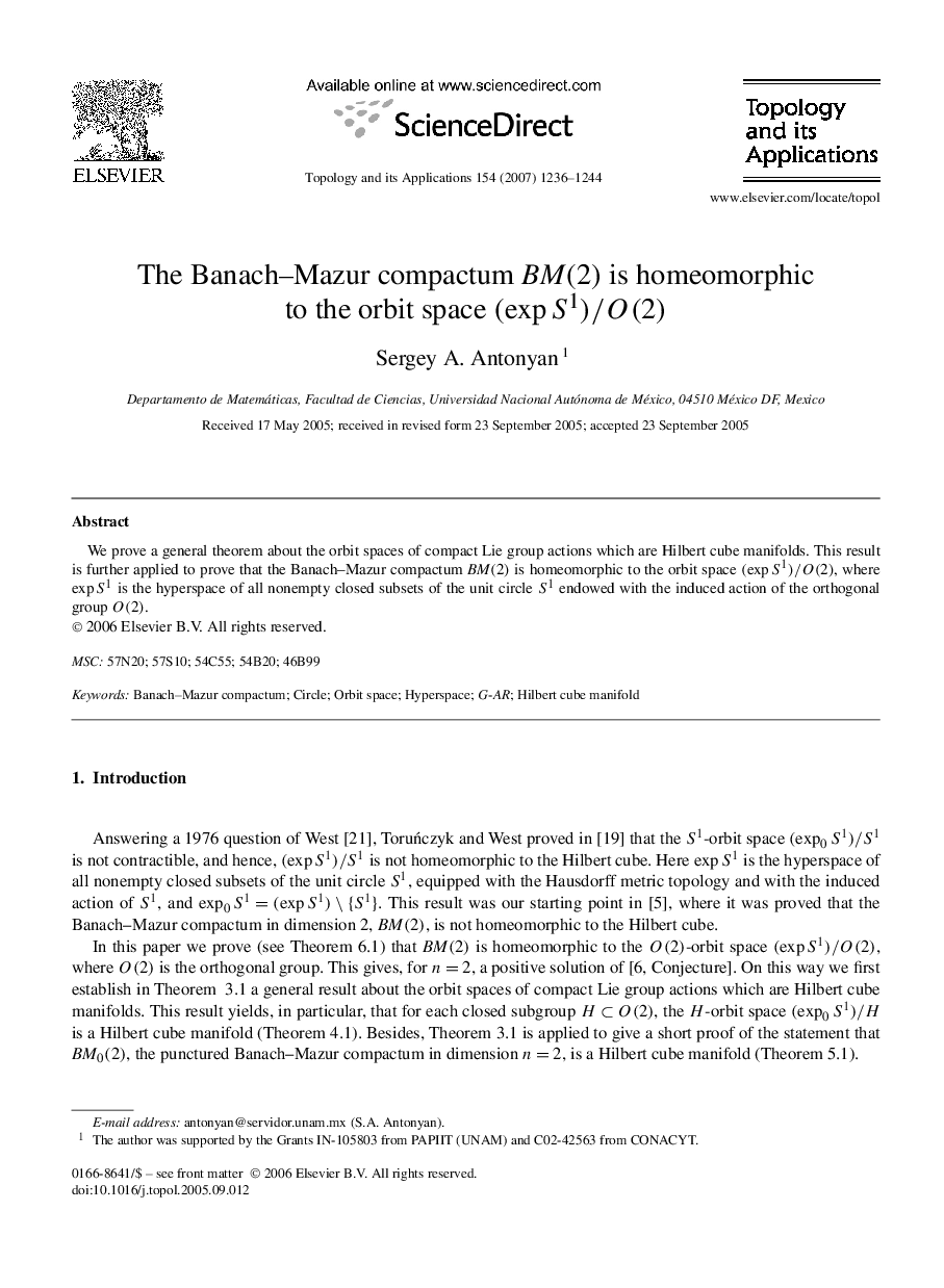 The Banach–Mazur compactum BM(2) is homeomorphic to the orbit space (expS1)/O(2)